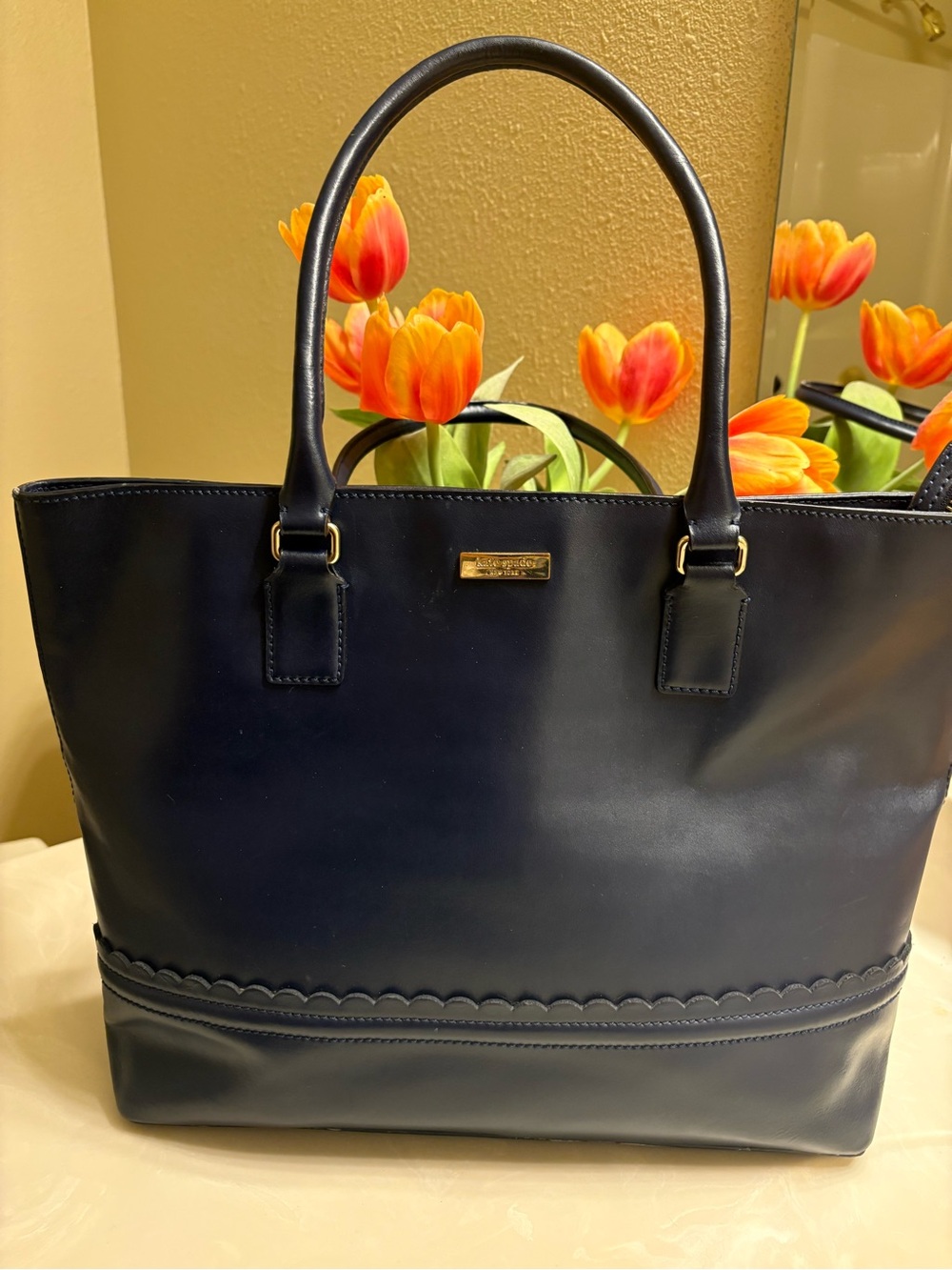 Kate Spade New York Navy Blue Leather Scalloped Tote Shoulder Bag Gold Hardware
